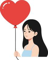 Young woman holding a vibrant red heart-shaped balloon in a flat, minimal style illustration showcasing joy and affection vector