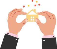 Hands holding a small house model with colorful confetti in a flat, minimal design style, conveying creativity and innovation in art vector