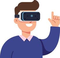 A young man wearing a virtual reality headset gestures with excitement in a minimal, colorful design showcasing modern technology and immersive experiences in art vector