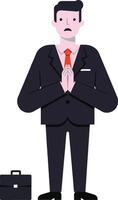 Businessman in a suit with clasped hands expressing gratitude, minimal design style, surrounded by a briefcase, conveying a respectful and sincere mood in art vector