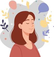 A woman with closed eyes in a relaxed pose surrounded by colorful abstract shapes in a flat illustration vector