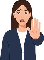 A concerned woman raising her hand in a stop gesture, illustrated in a flat design style, conveying urgency and emotion in art vector
