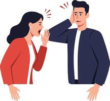 A woman angrily whispering to a man in a flat design style expressing conflict and communication issues in a tense illustration vector