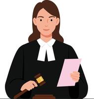 Confident female judge in black robe holding a pink document while preparing to make a decision in a flat art style vector