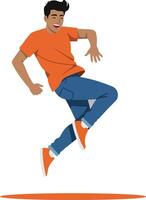 Energetic young man in orange shirt joyfully jumping with enthusiasm in a minimal flat style illustration vector