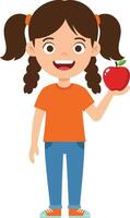Cheerful girl with pigtails holding a red apple in a flat illustration style, exuding a sense of joy and vitality in a playful setting art vector