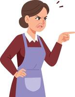 An angry woman in an apron pointing sternly while expressing frustration in a flat illustration style, conveying a sense of authority and disapproval in the scene. vector