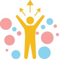 Joyful person celebrating success with raised arms in a colorful, minimal design featuring playful circles and arrows, illustration vector