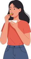 Young woman enjoying a snack while standing with a cheerful expression in a flat and colorful illustration vector