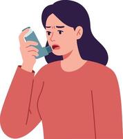 Concerned woman holding an inhaler with a worried expression in flat illustration style representing health and wellness issues in a minimalistic design art vector