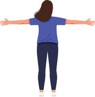 A woman standing with arms wide open in a blue shirt and dark jeans, showcasing a minimal style in joyful art vector