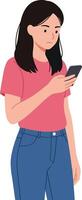 Young woman using smartphone while standing in casual attire, showcasing a minimal and modern design style in illustration vector