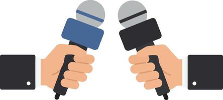 Two hands holding microphones in a flat design style, symbolizing communication and dialogue in art vector