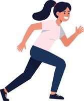 Energetic woman jogging on a flat surface with a cheerful expression, showcasing a minimal design style in vibrant colors, art vector