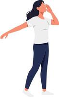 Woman in casual attire joyfully gesturing with hand while shouting in a vibrant, flat design illustration vector
