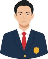 Professional security guard in a navy suit with a red tie and badge, minimal illustration vector