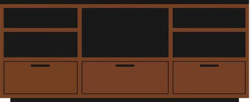 Modern wooden TV stand with sleek design featuring open shelves and drawers in flat art style vector