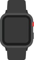 Stylish black smartwatch with a minimalist design, featuring a square face and red button, showcased in flat art vector