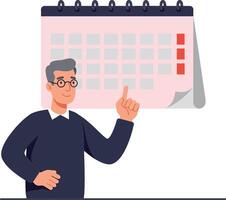A smiling man with glasses pointing at a calendar in a flat, modern style illustration showcasing organization and planning vector