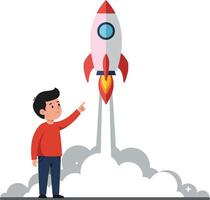 A young boy in a red sweater points excitedly at a colorful rocket launching into the sky in a flat illustration vector