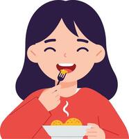 Happy girl enjoying a delicious bowl of food in a minimal illustration style with vibrant colors and cheerful expression, showcasing a joyful dining experience in art vector