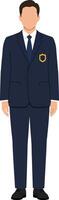 Professional man standing confidently in a navy suit with a badge in a flat illustration vector