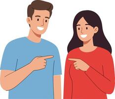 Two cheerful individuals engaging in conversation while playfully pointing at each other in a minimalistic illustration vector