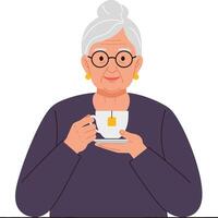 An elderly woman with glasses enjoying a cup of tea in a cozy setting, illustrated in a minimal flat design style, art vector