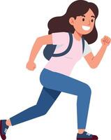 Young girl in casual attire running energetically with a backpack in flat art style, showcasing motion and enthusiasm in a playful atmosphere vector