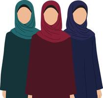 Three women wearing colorful hijabs in a minimalistic flat design showcasing unity and diversity in art vector