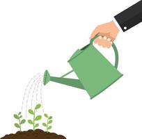 Hand watering small green plants in soil with a green watering can in a flat minimal illustration vector