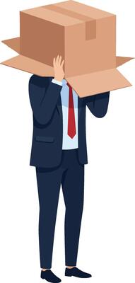 Businessman in a suit humorously hiding behind a cardboard box, flat design art