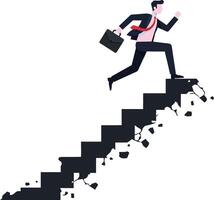 Businessman in a suit running up cracked stairs in a flat design style conveying urgency and determination in art vector