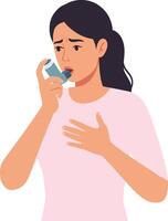 Woman using an inhaler in a moment of discomfort in a minimal flat design illustration vector