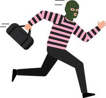 A masked individual in striped clothing running swiftly while carrying a black bag in a flat illustration emphasizing urgency and action vector