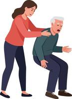 Caring woman assisting elderly man with mobility issues in flat illustration conveying support and compassion in a minimalistic style vector