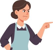 An angry woman in an apron pointing sternly while expressing frustration, showcasing a flat design style in art vector