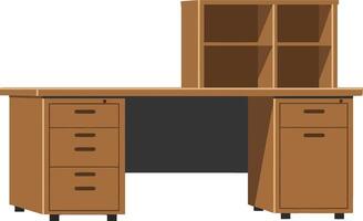 Elegant wooden office desk with storage drawers and shelving in a minimal flat design style, showcasing functionality and simplicity in art vector