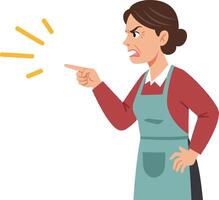 A woman wearing an apron in a confrontational pose expressing anger in a minimal flat design illustration vector