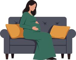 A pregnant woman in a green dress sitting on a grey couch with orange pillows, showcasing a calm and serene atmosphere in flat art vector