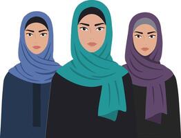 Three women wearing colorful hijabs in a flat design style showcasing cultural diversity and unity in art vector