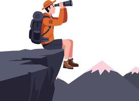 Adventurous hiker in an orange jacket using binoculars while seated on a rocky mountain ledge in a flat art style vector