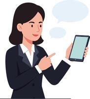 Professional woman in a suit confidently displaying a smartphone while gesturing, minimal illustration vector