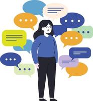 A woman standing confidently amidst colorful speech bubbles in a flat design style, conveying a sense of communication and engagement in art vector