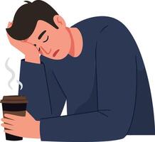 A tired man resting his head on his hand while holding a steaming coffee cup in a minimal illustration vector