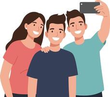 Three smiling friends taking a selfie together in a cheerful flat design illustration vector