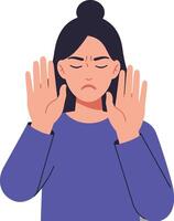 A woman with a concerned expression raising her hands in a stop gesture, illustrated in a minimal flat design style, conveying a message of discomfort in art vector