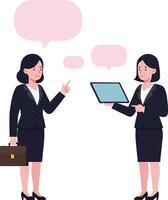 Two professional women in business attire engaging in conversation with a tablet and briefcase, minimal flat design illustration vector