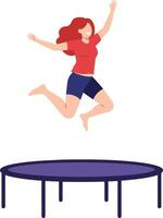 A young girl joyfully leaping into the air on a trampoline with a flat and colorful design style showcasing energy and happiness in art vector