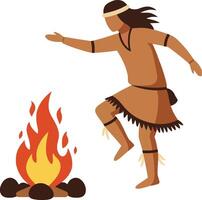 Native American man dancing joyfully around a roaring fire in a flat and colorful illustration vector